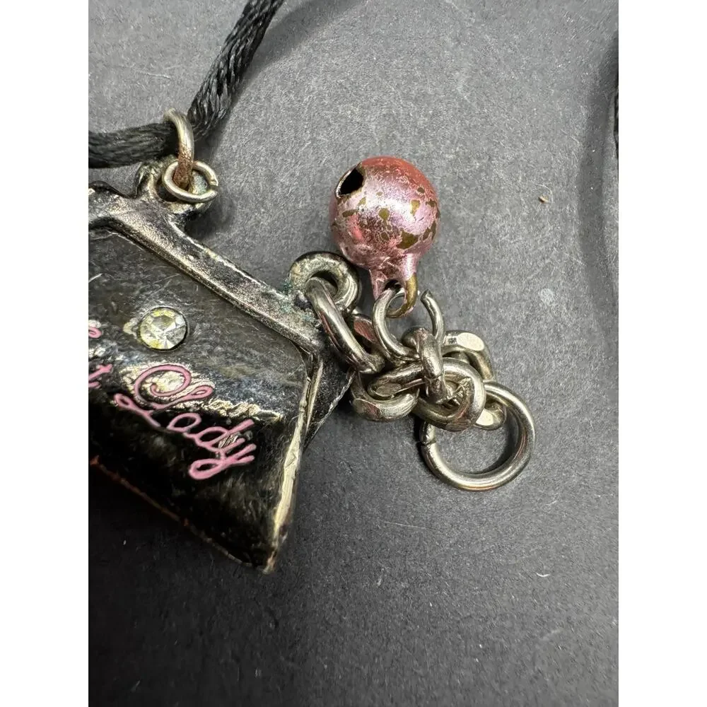 Vintage Silver Tone First Lady Purse Crystal Accent Pendant Necklace Black Cord